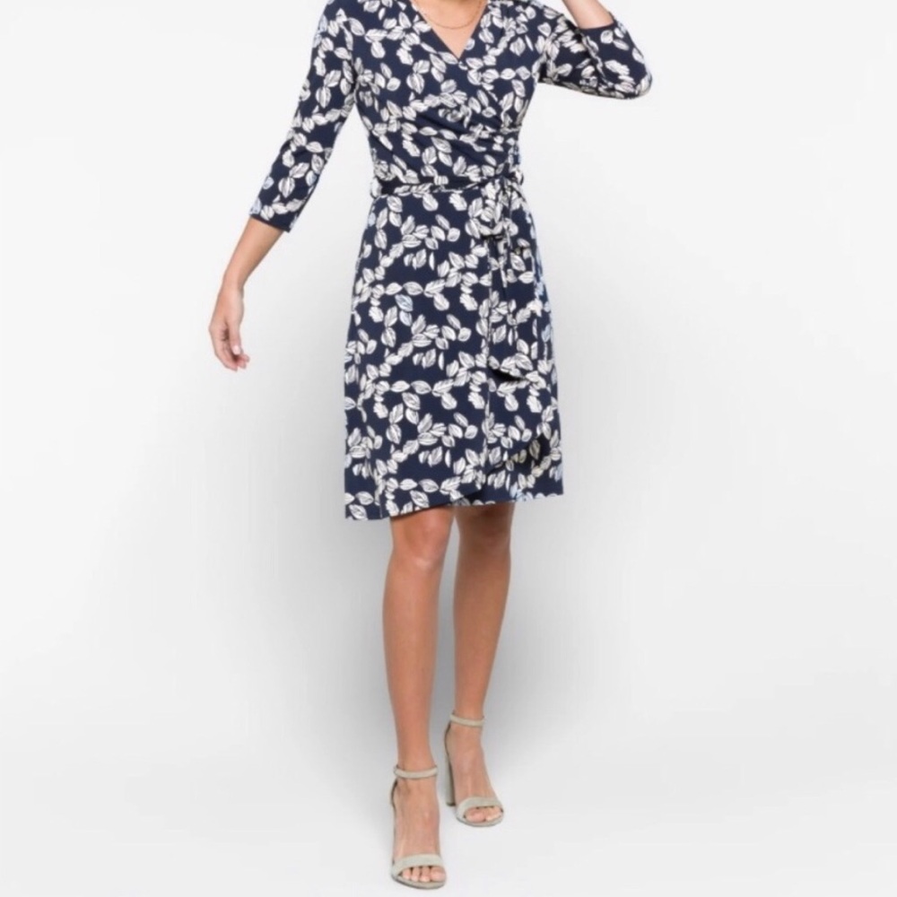 41 Hawthorn Blue Leaf Print Faux Wrap 3/4 Sleeve V-Neck Dress Sz SP Office